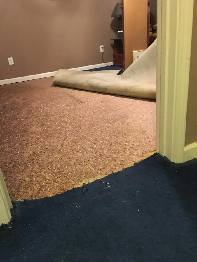 Carpet pad removal revealing water damage during Water Mitigation Services in Channelview